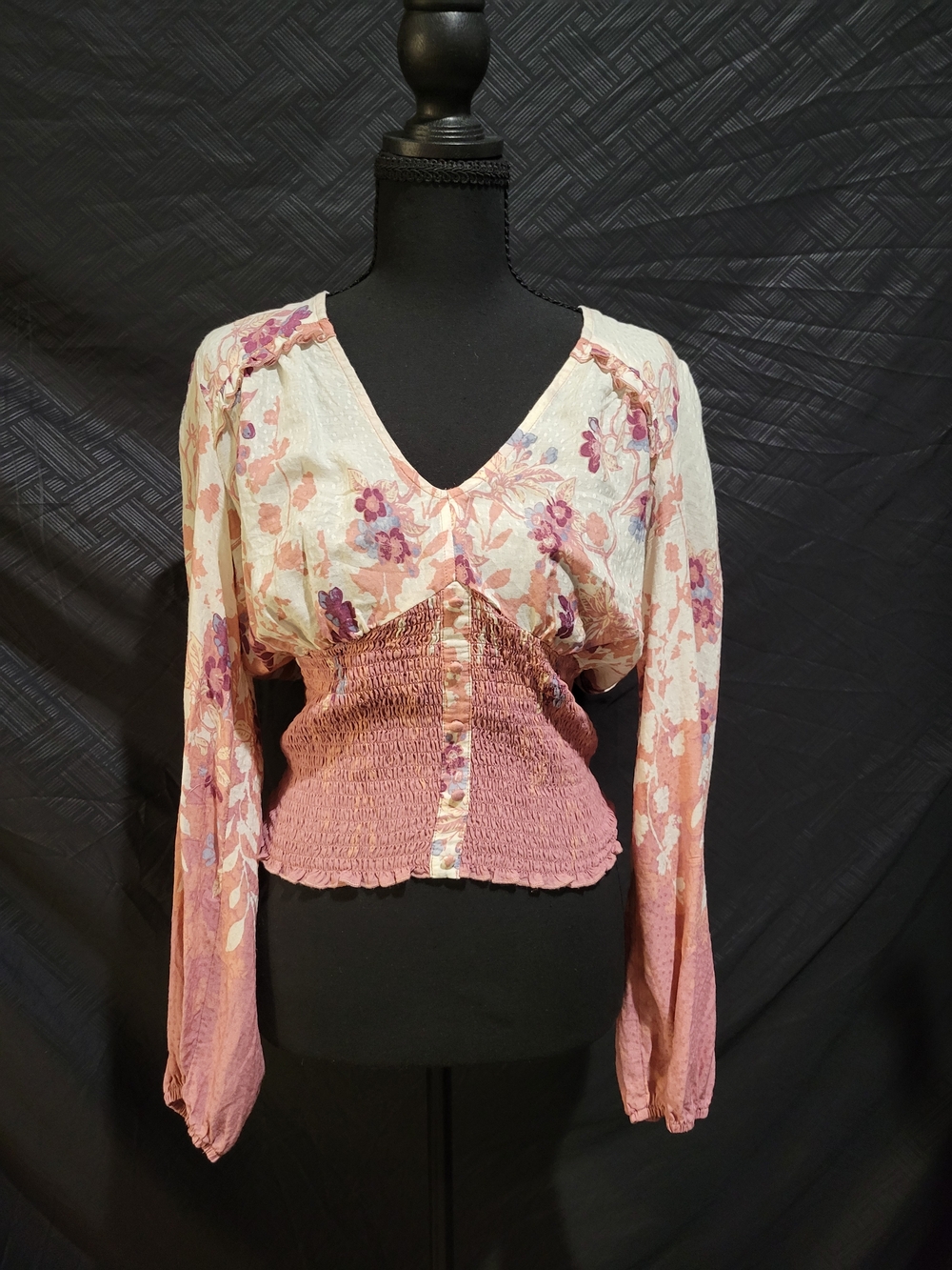 American Rag Floral Smocked Waist V-Neck Blouse in Cream and Pink